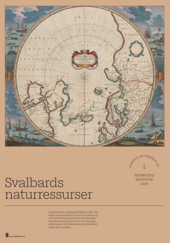 Kart fra 1636 som viser den nordlige halvkule. Svalbard og aktiviteten med hvalfangst og oljekoking.