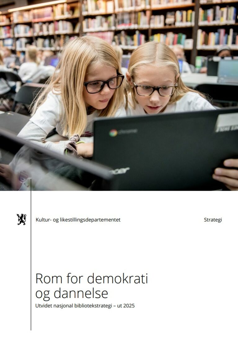 To jenter foran en skjerm i biblioteket. Forside til rapport
