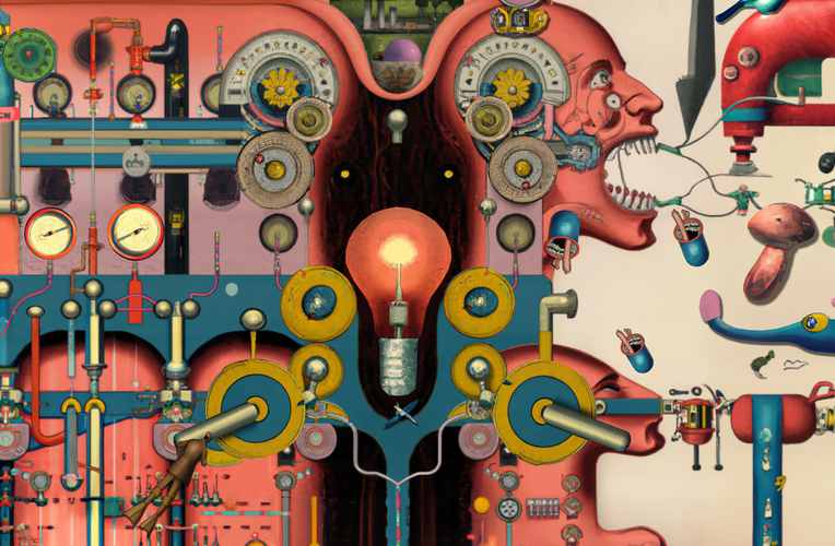 Bilde med mekanikk, lyspærer, tannhjul og hode til mennesker, - Utsnitt frå verket The chimera process: Ultra large AI artworks til Krauth og Nelson