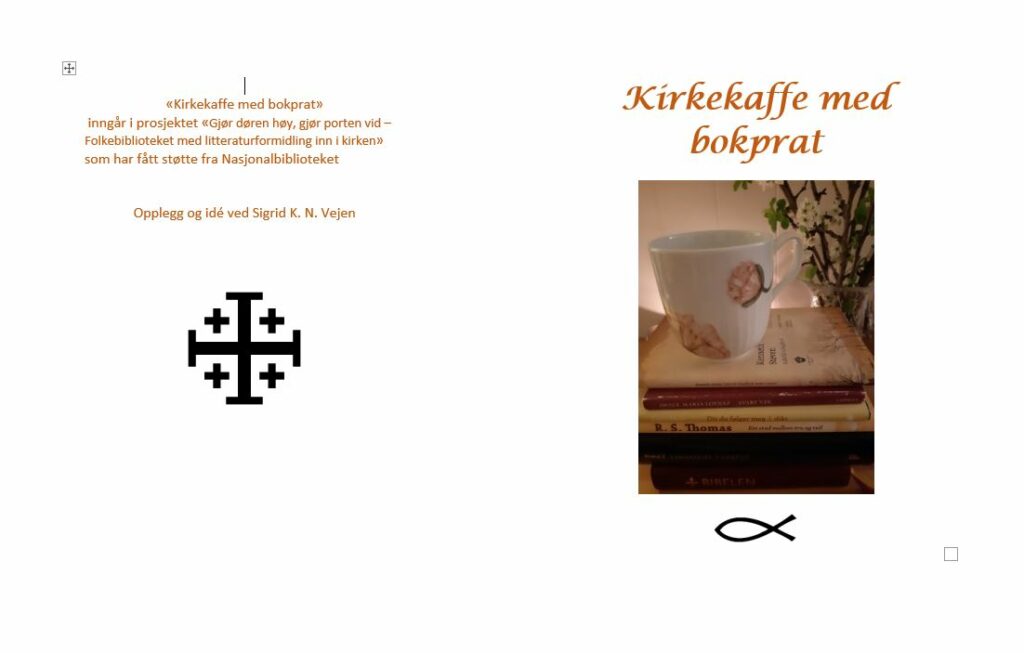 Skjermdump av brosjyre brukt i "bok i kirkekaffe" med dikt og bokliste. For og bakside. Sigrid K Nesland Vejen
