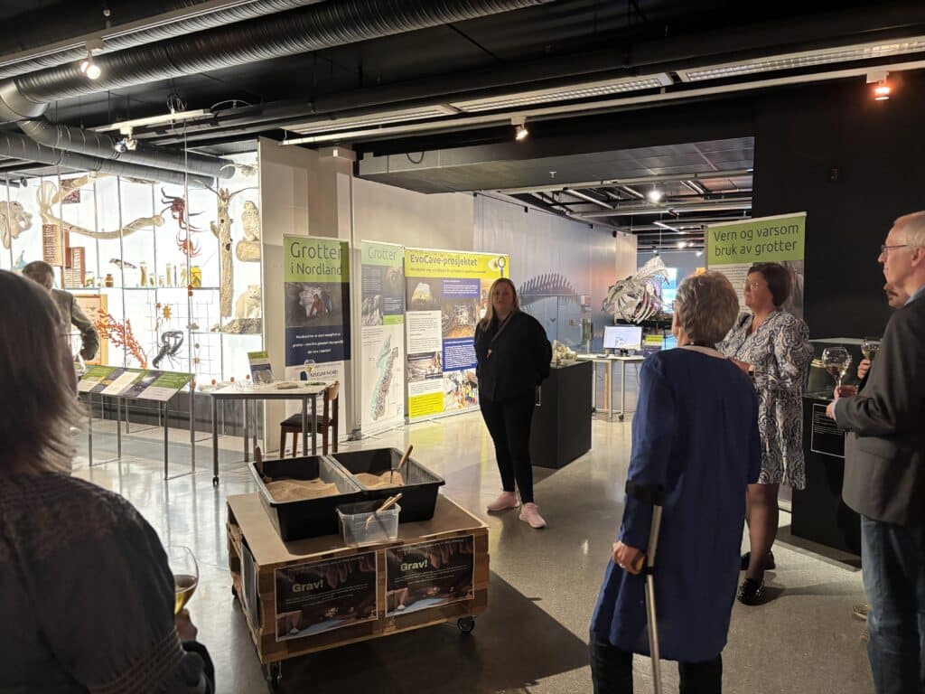 Omviser ved museum snakker til folk som står rundt.