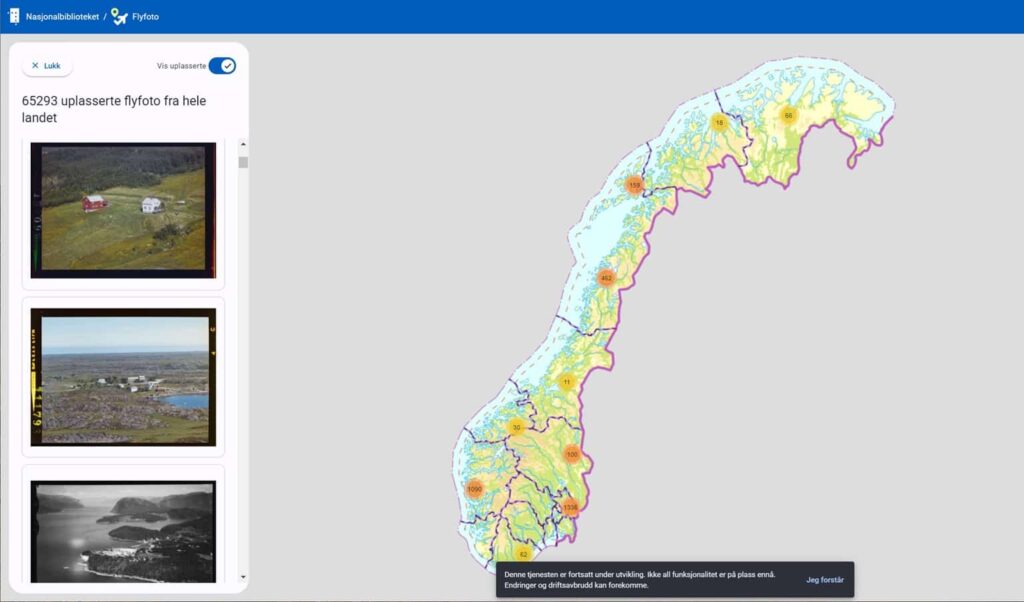 skjermbilde fra nettside med kartutsnitt av Norge med fotografier i siden