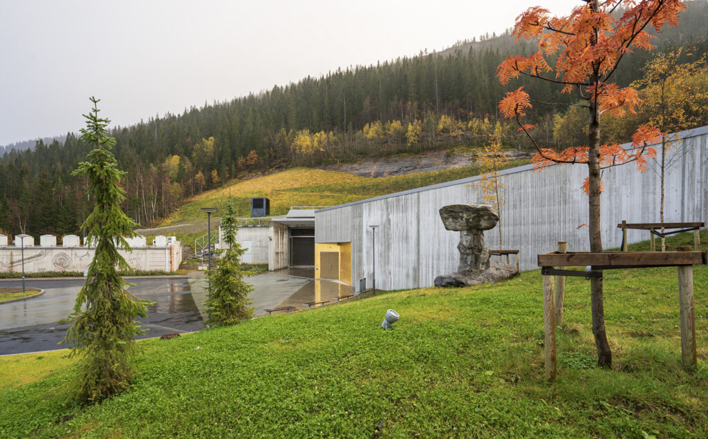 utside fjellmagasin NB, gress og tre med inngang til magasin i bakgrunn