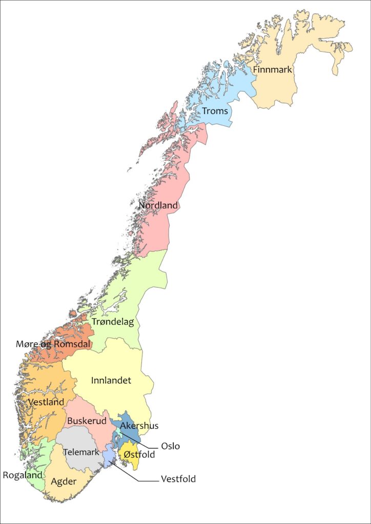 Kart over norske fylker
Av regjeringen.no.
Lisens: NLOD (Norsk lisens for offentlige data)