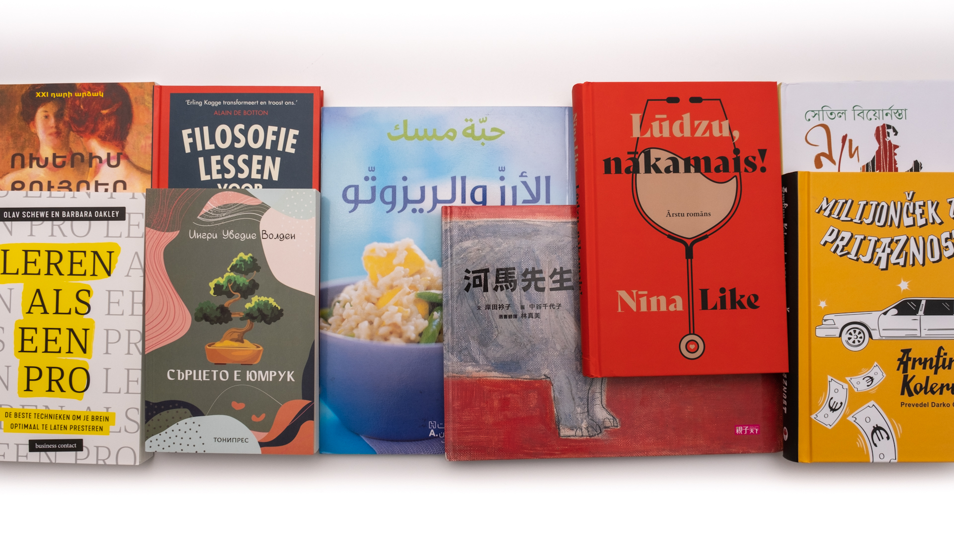 En utvalg av bøkene som det  flerspråklige bibliotek låner ut spredt utover et bord. 