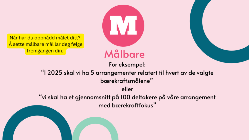 Målbare. For eksempel: “I 2025 skal vi ha 5 arrangementer relatert til hvert av de valgte bærekraftsmålene” eller “vi skal ha et gjennomsnitt på 100 deltakere på våre arrangement med bærekraftfokus”