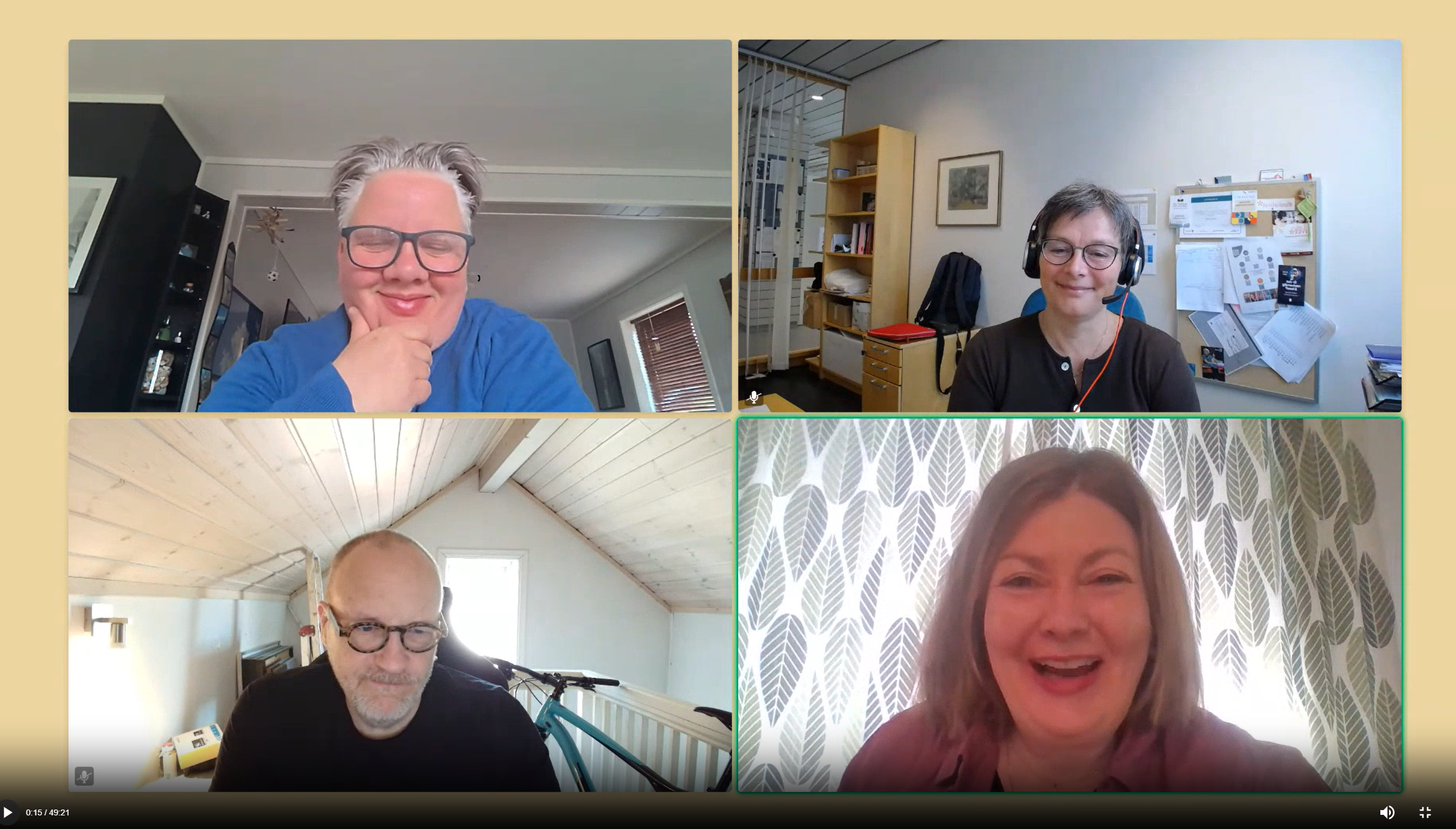 Skjermdump. fra øvst til venstre: Tanja Aas, Kristin Storvig, Stian Lindbøl og Nina Stenbro